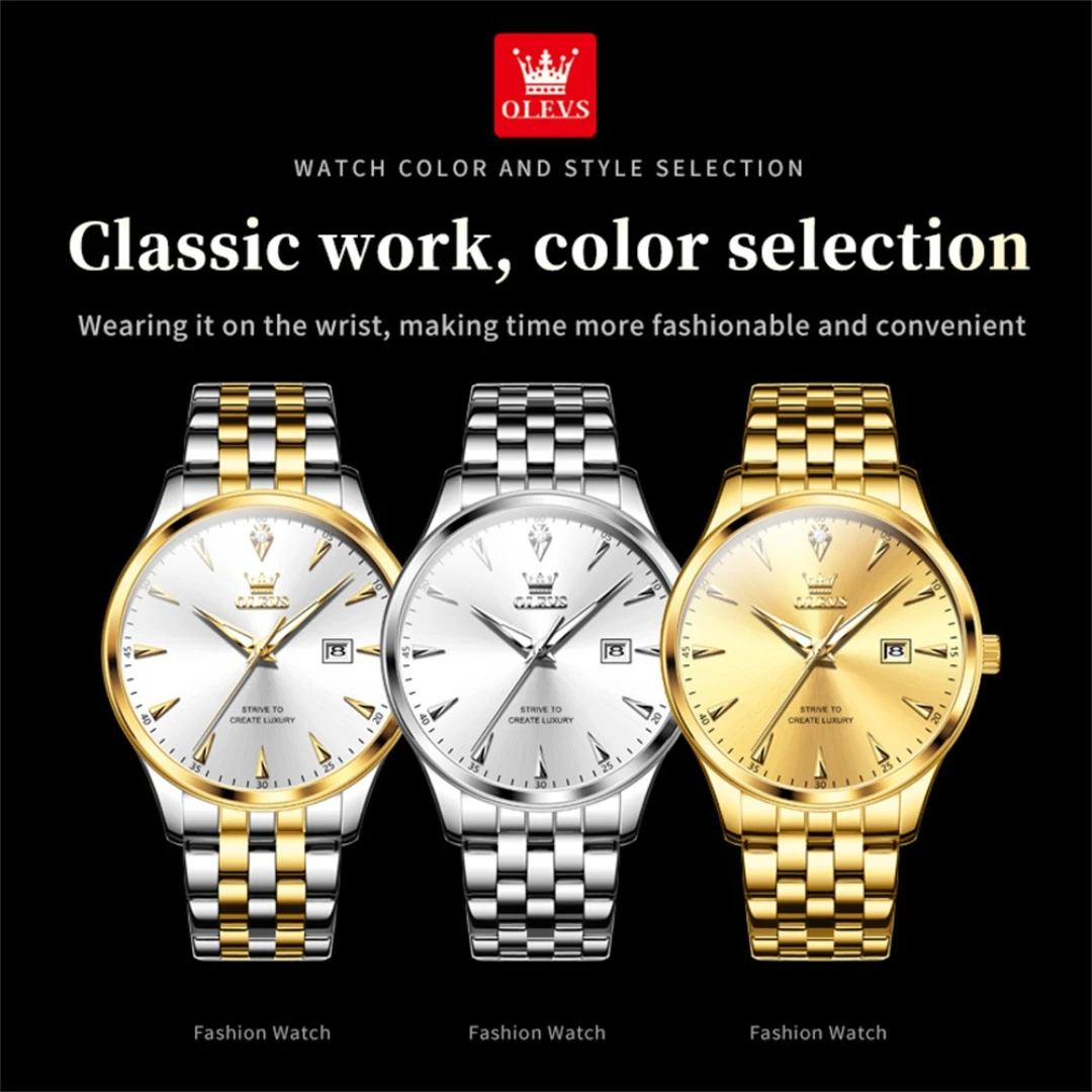 Olevsクォーツラウンドダイヤル腕時計、ステンレススチール時計バンド、発光カレンダー、ファッションギフト、5598