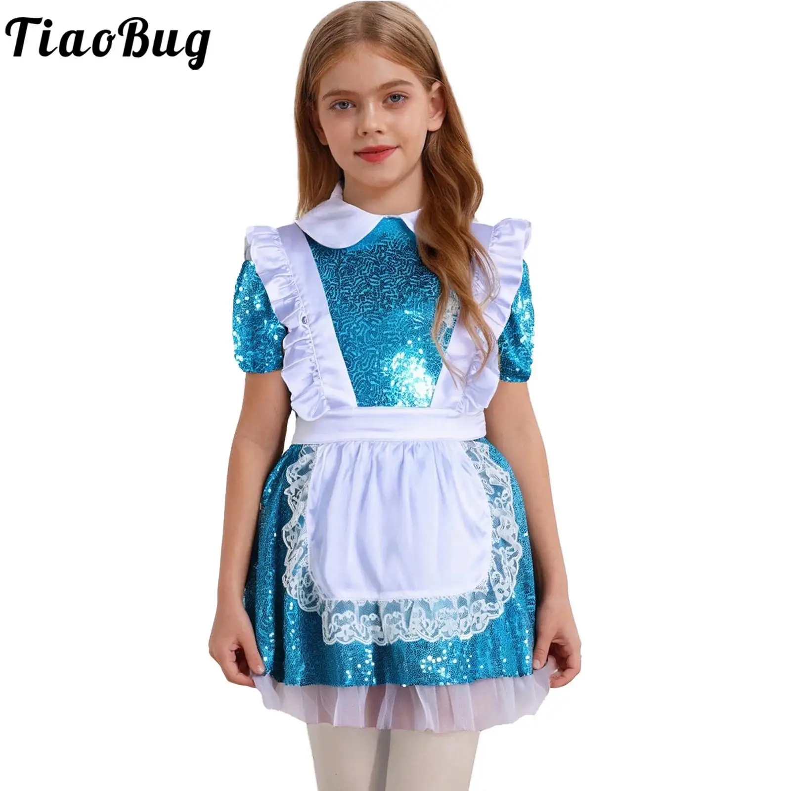 

Kids Girls Wonderland Princess Costumes Halloween Party Gown Shiny Sequin Short Sleeve Tulle Tutu Dress And Lace Ruffled Apron