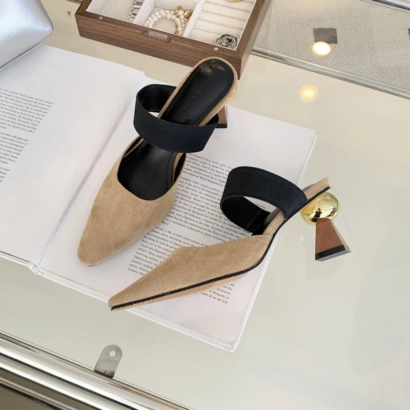 

Pointed Metal High Heels Women's Slippers Sheepskin Black Slip On Slides Summer Muller Shoes Elegant Dress Shoes For Women Pumps