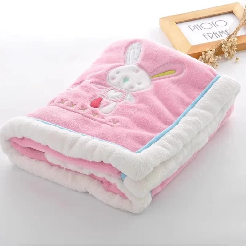 Baby Blankets Newborn Cartoon Embroidery Flannel Baby Blanket Kids Boys Girls Swaddle Wrap Infant Stroller Cover Blanket