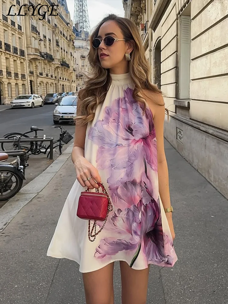 Elegante impressão curto vestido de férias feminino solto gola alta fora do ombro sem mangas a linha vestidos 2025 senhora boho floral praia robe