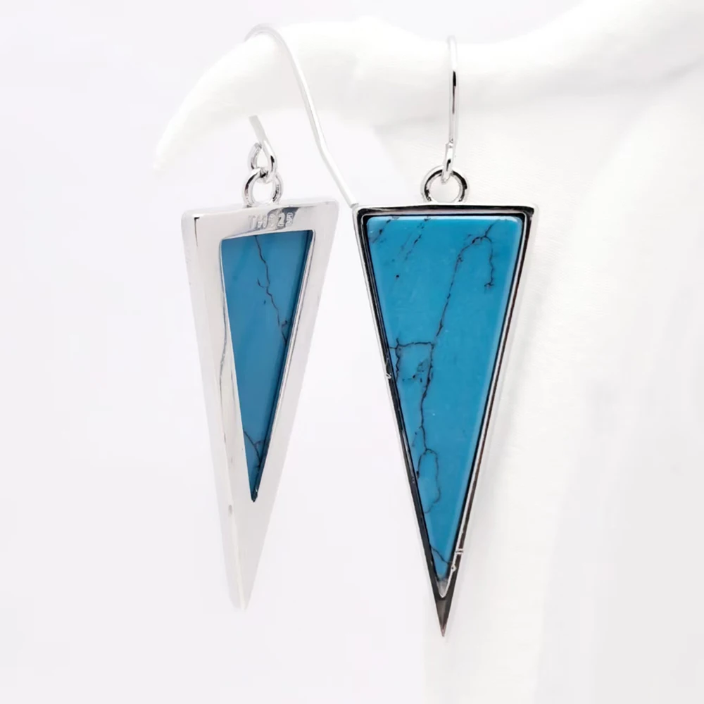 Dreieckige türkisfarbene Tropfenohrringe im neuen europäischen Stil, edler Schmuck für Frauen, klassisches Geschenk aus 925er Sterlingsilber – Detail 4