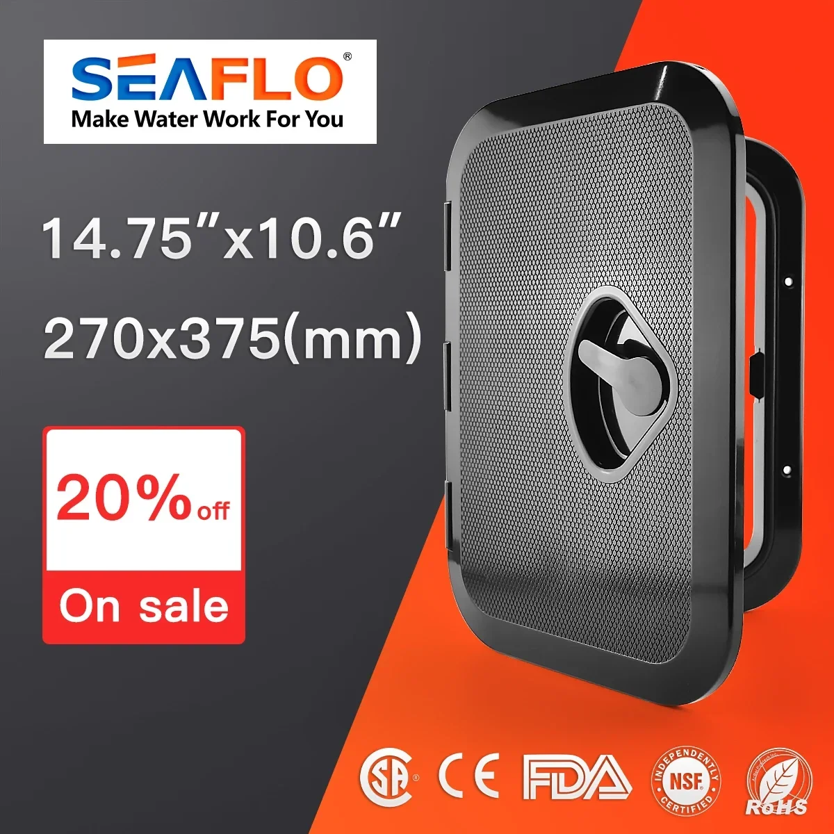 

SEAFLO Black ABS Plastic Hatch Cover 270x375mm for Boat Yacht RV Watertight Anti-UV Non-Skid Deck Access Inspection Door