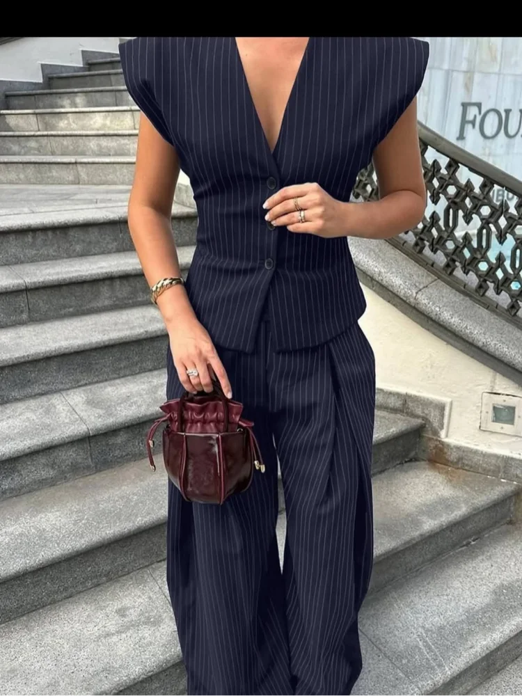 2026 Women's Striped Vest Pant Set Breathable Sleeveless Deep V Neck Suit Loose Fit Casual Outfit For Commuting Daily Wear