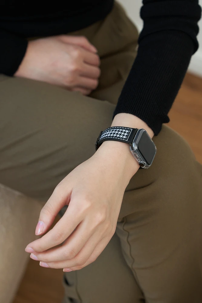 Houndstooth و الجلود حزام ل سوار ساعة يد آبل 38 مللي متر 42 مللي متر 40 مللي متر قماش حلقة SE1 2 3 4 5 6 7 ل iwatch 44 مللي متر 45 مللي متر 41 مللي متر المعصم كوريا