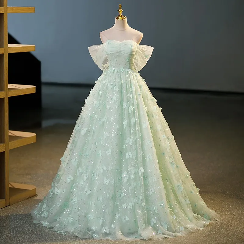 Nuovo verde Vestido De Quincenera classico abito da ballo lungo con spalle scoperte con farfalla elegante semplice Robe De Bal personalizzato