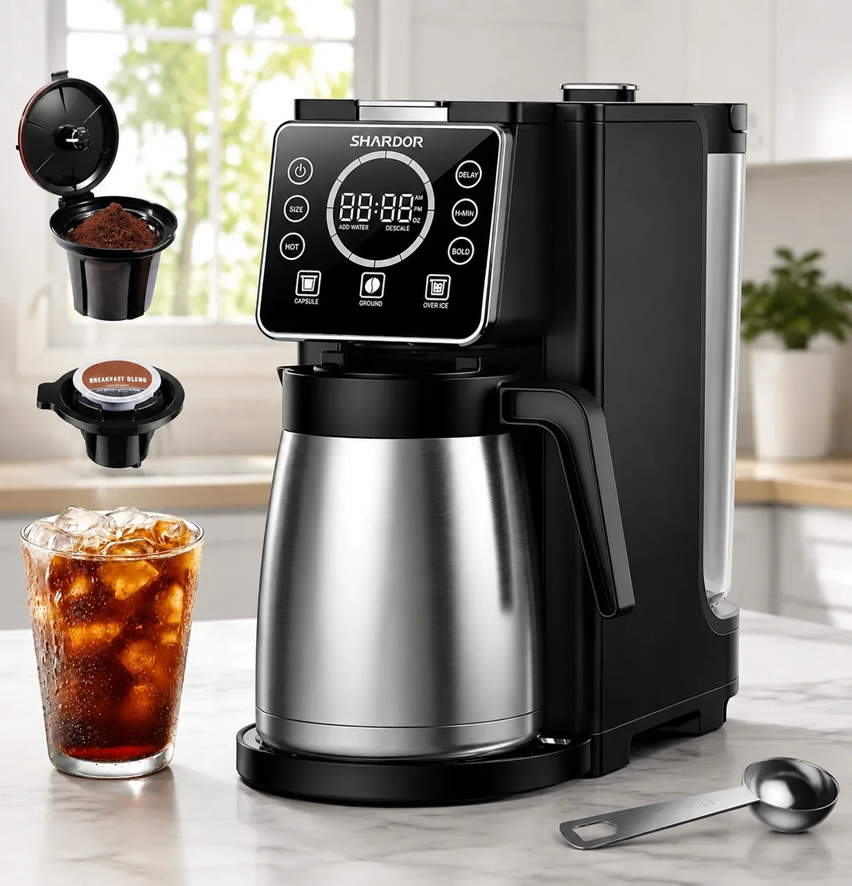 USA Stock Single Serve & Carafe Coffee Maker, Hot & Iced Coffee Machine For K Cup Pods & Grounds, 6-32oz Brew Sizes, 95oz Reserv