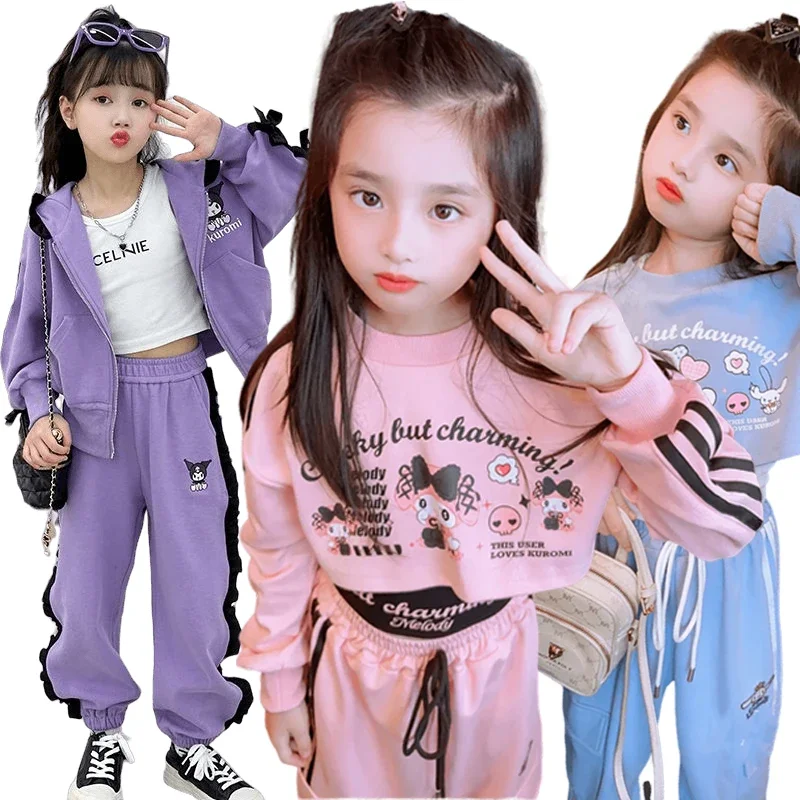 3Pcs Anime Sanrios Kuromi Cinnamoroll Girl Sportswear Suit Autumn Winter My Melody Fashion Casual Suit Kids Clothes High Quality