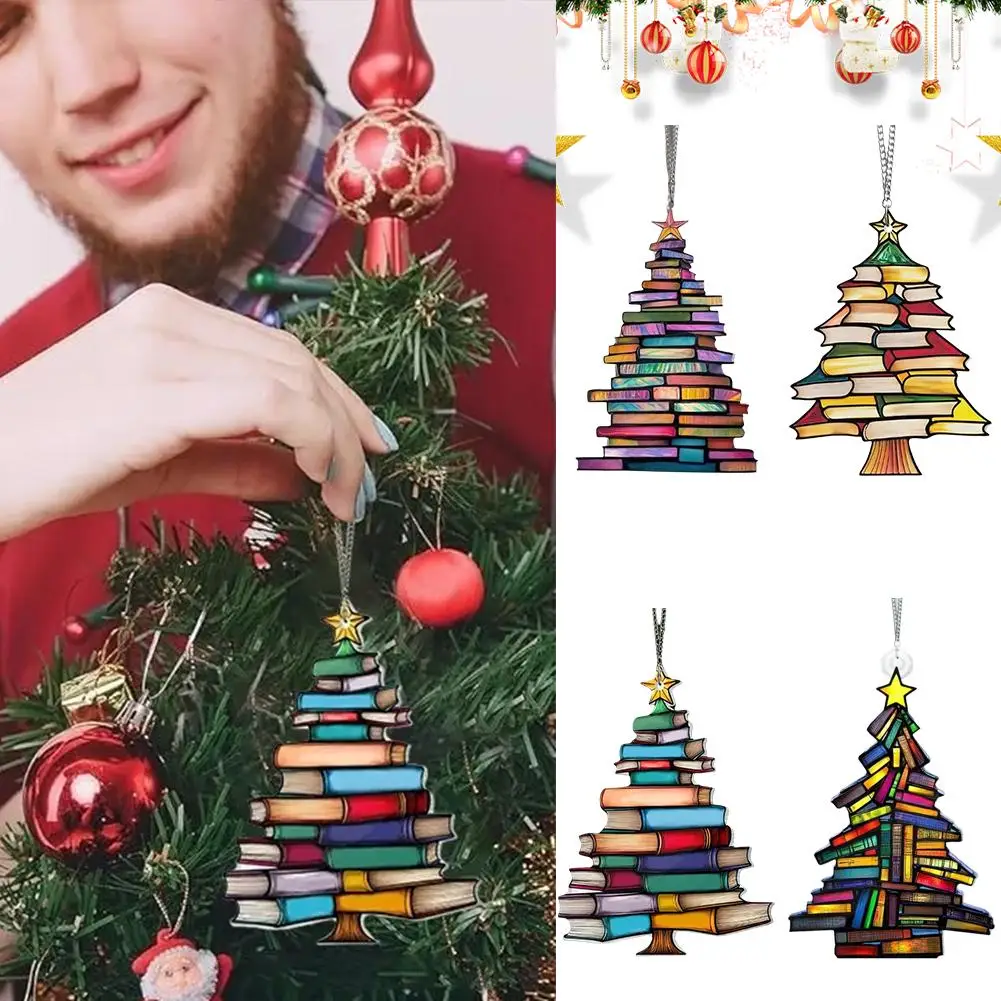 Christmas Book Tree Suncatcher Ornament Book Themed Present Stained Bookworm  2D Flat, Bookshelf Xmas Decoration Book Lover Gift