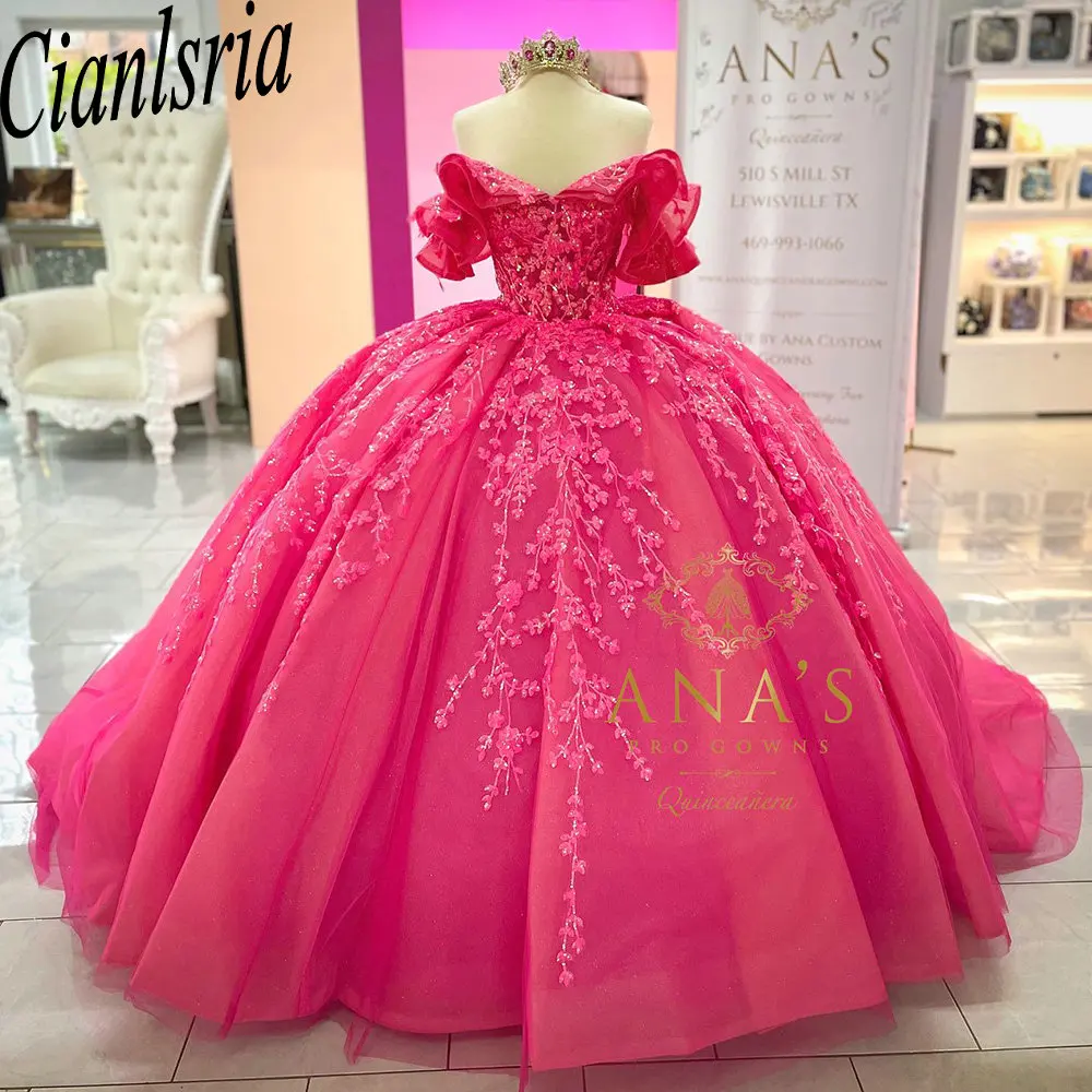 Vestido De baile De encaje con lentejuelas y volantes fucsia, quinceañera, corsé con hombros descubiertos, 15 Años