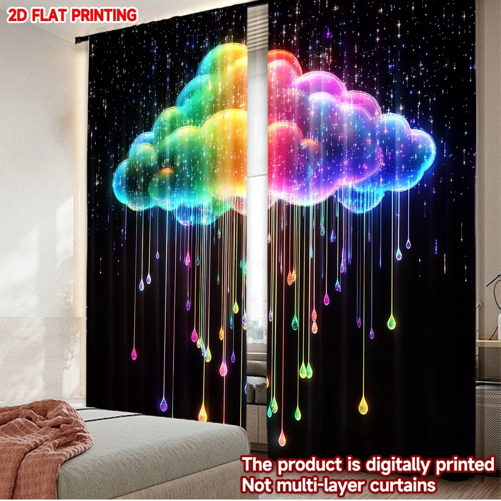 

2D flat printing 2pcs Curtain Curtain Rainbow Crystal Cloud Digital Printed Polyester Drapes Festive Curtains for All Season
