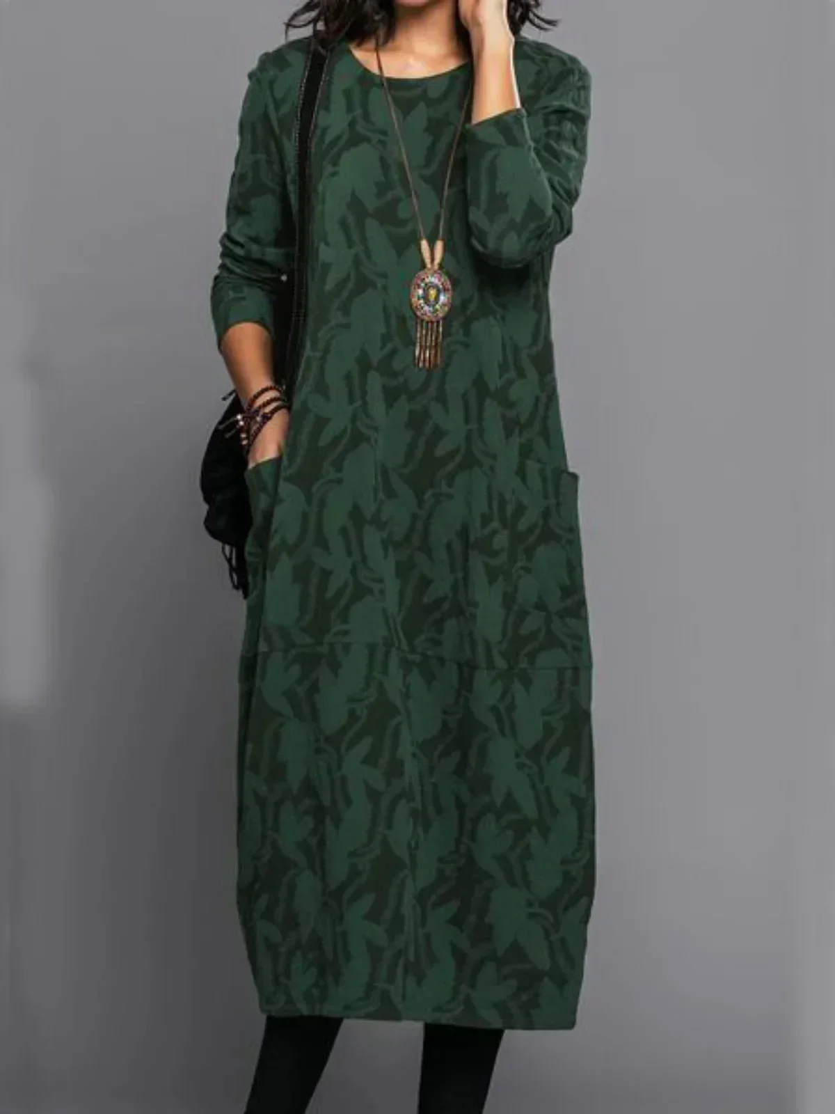

2023 Autumn Fashion New Personalized Print Round Neck Casual Style Long Sleeve Pockets Large Size Elegant Dress for Women