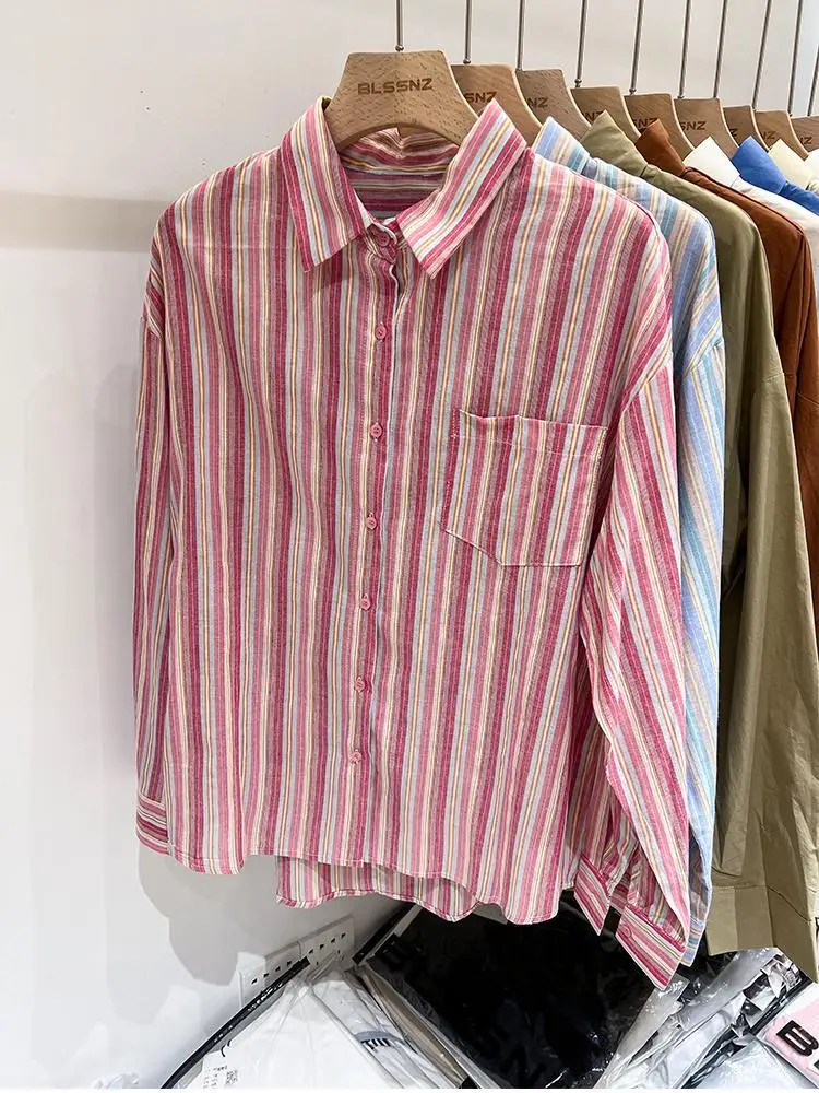 

Women Pink Striped Loose Blouse 2023 Office Turn-down Collar Long Sleeve Vintage Blue Patchwork Single Breasted Top Shirt Autumn