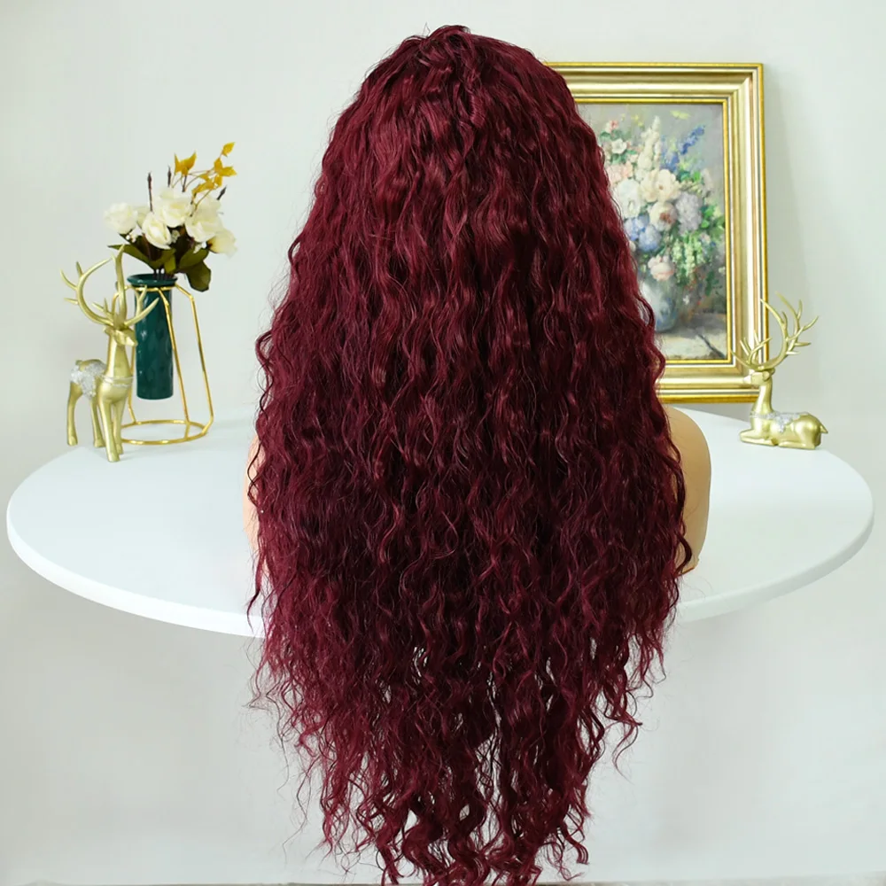 بورجوندي الأحمر الدانتيل شعر مستعار أمامي للنساء السود 13x4 طويل موجة عميقة بيروكات صناعية مع شعر الطفل ألياف مقاومة للحرارة غلويليس
