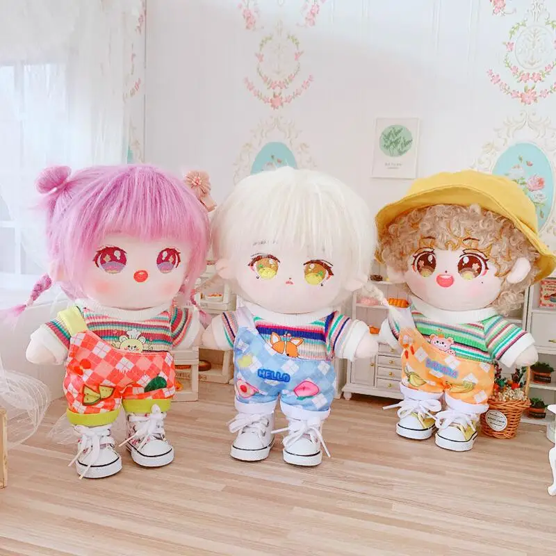 

20cm Kawaii Doll Clothes for Cute Stripe Top T-shirt Rompers Shoes Set DIY Plush Idol Doll Changing Clothes Game Girls Kid Gifts