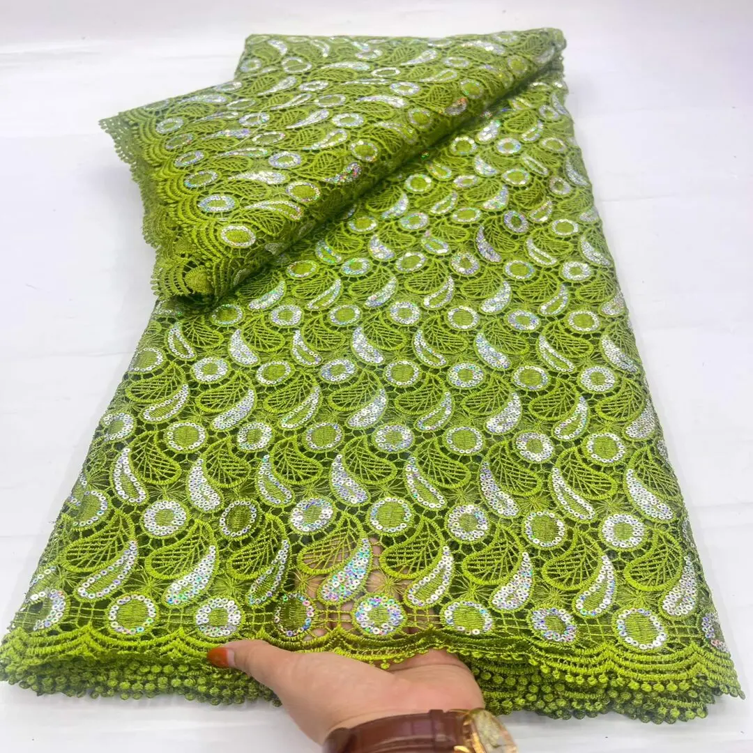 cx green leaf pattern embroidery mesh fabric water-soluble lace hollow sequin embroidery fabric