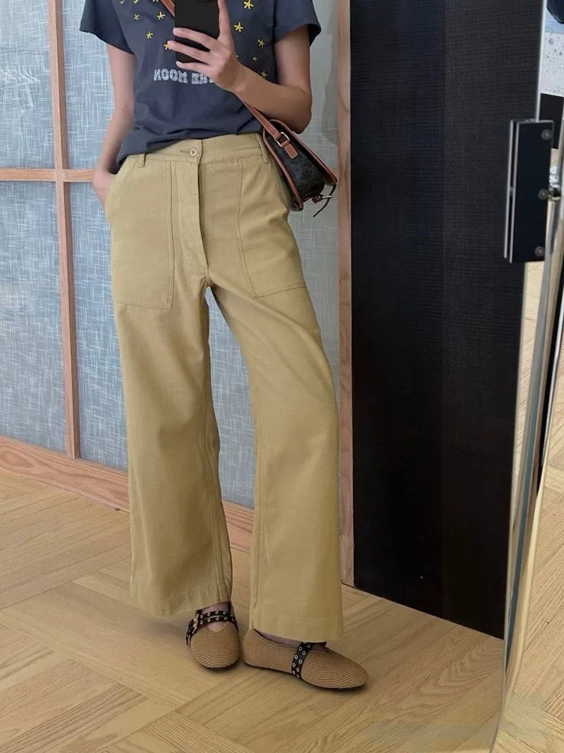 

Ladies Casual Cotton Work Trousers High Waist Straight Leg Multi kets Simple Sle Comfortable Loose Fit High Waist