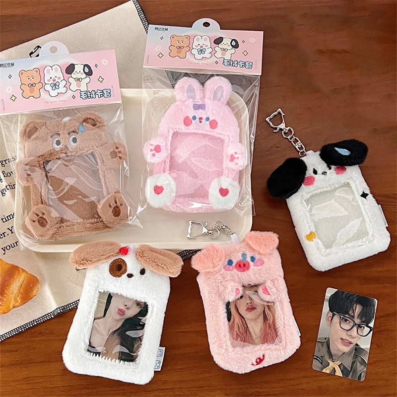 Kawaii Pluche Fotokaarthouder Schattige Dieren Pluche Creditcard Bankkaart Sleutelhangers Bus Kaarten Beschermhoes Foto Hoezen