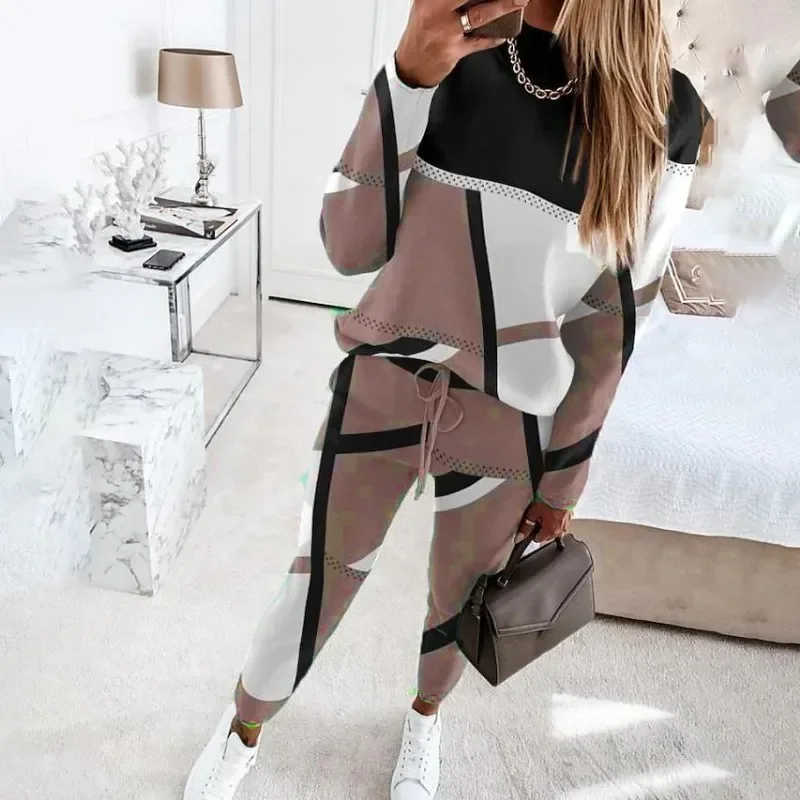 European and American women's 2024 new two-piece set with contrasting printed long sleeved round neck casual fashion set YBF9-3