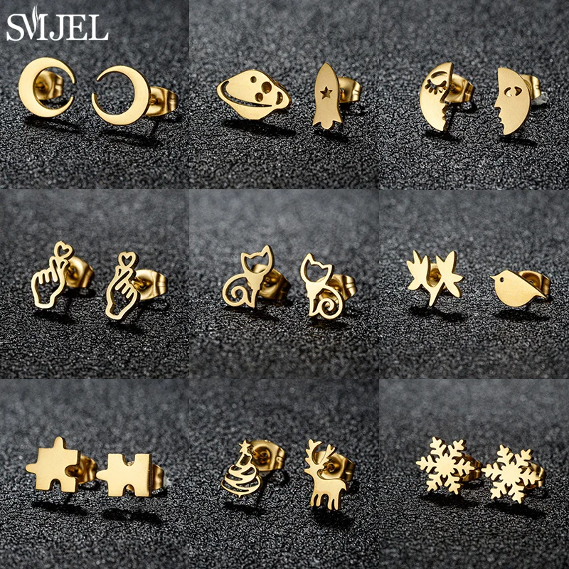 Stainless Steel Fashion Stud Earrings Women Minimalist Rocket Jigsaw Moon Ear Cartilage Earings Small Snowflake Christmas Studs