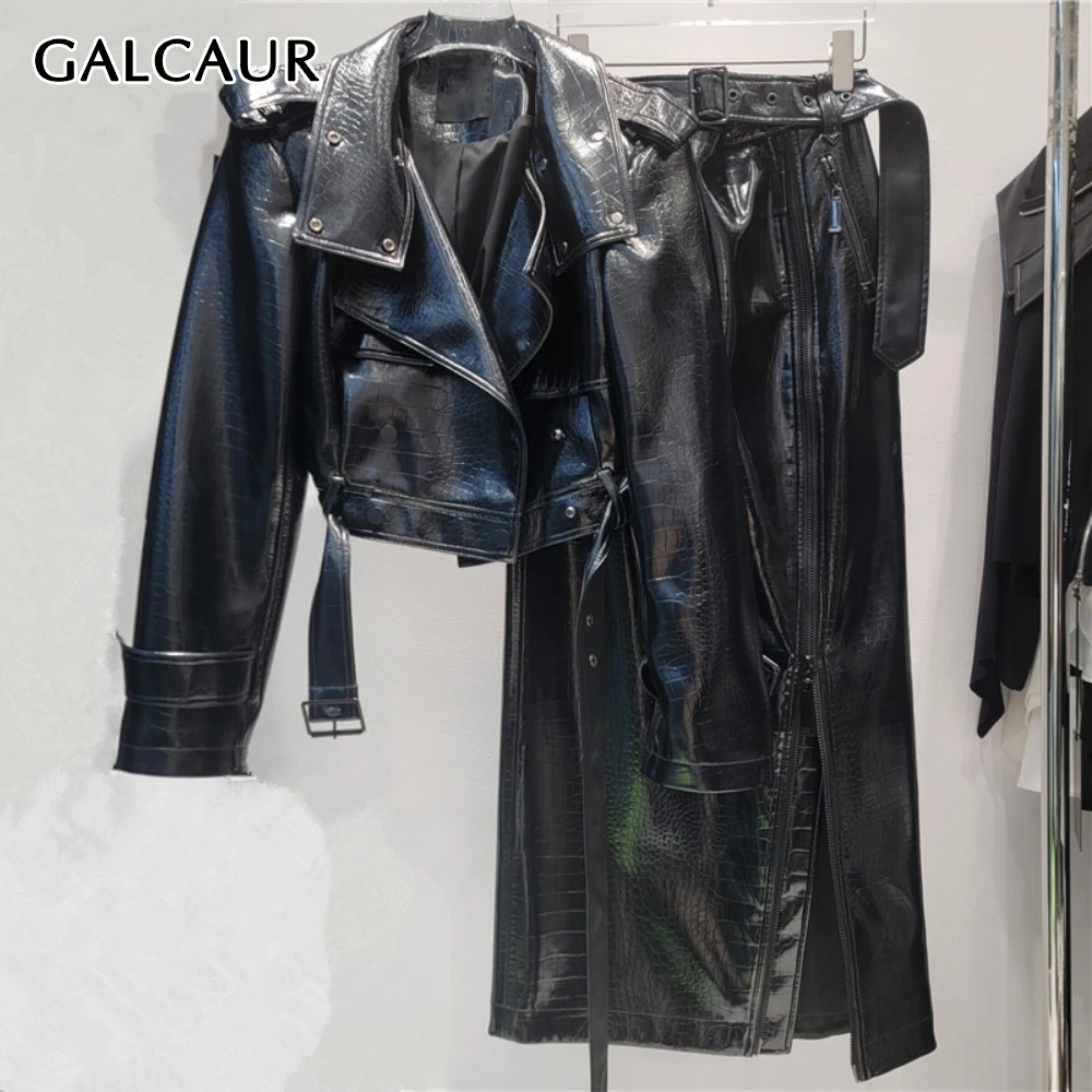 

GALCAUR черный комплект из двух предметов с поясом, женская куртка с лацканами и длинными рукавами, повседневные женские юбки с высокой талией, летний стиль, новинка