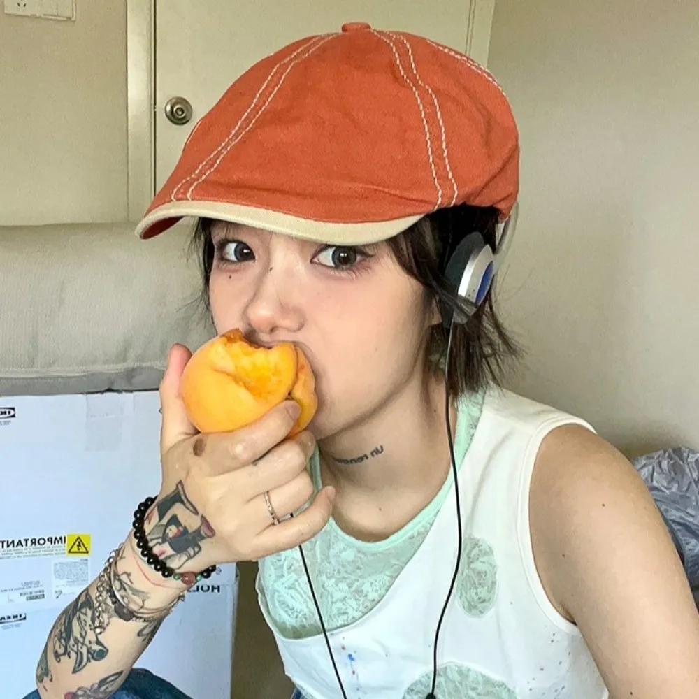 

Adjustable Vintage Newsboy Flat Cap Y2k Embroidery Painter Hat Color Contrast Japanese Style Retro Artist Hat Spring Summer