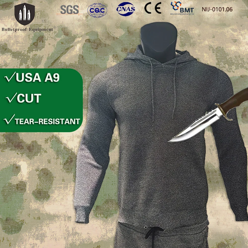 

US Standard Certified A9 Anti-Slash & Anti-Tear Durable Hoodie Tungsten Fiber Cut Resistant Jacket for Security Outdoor Work
