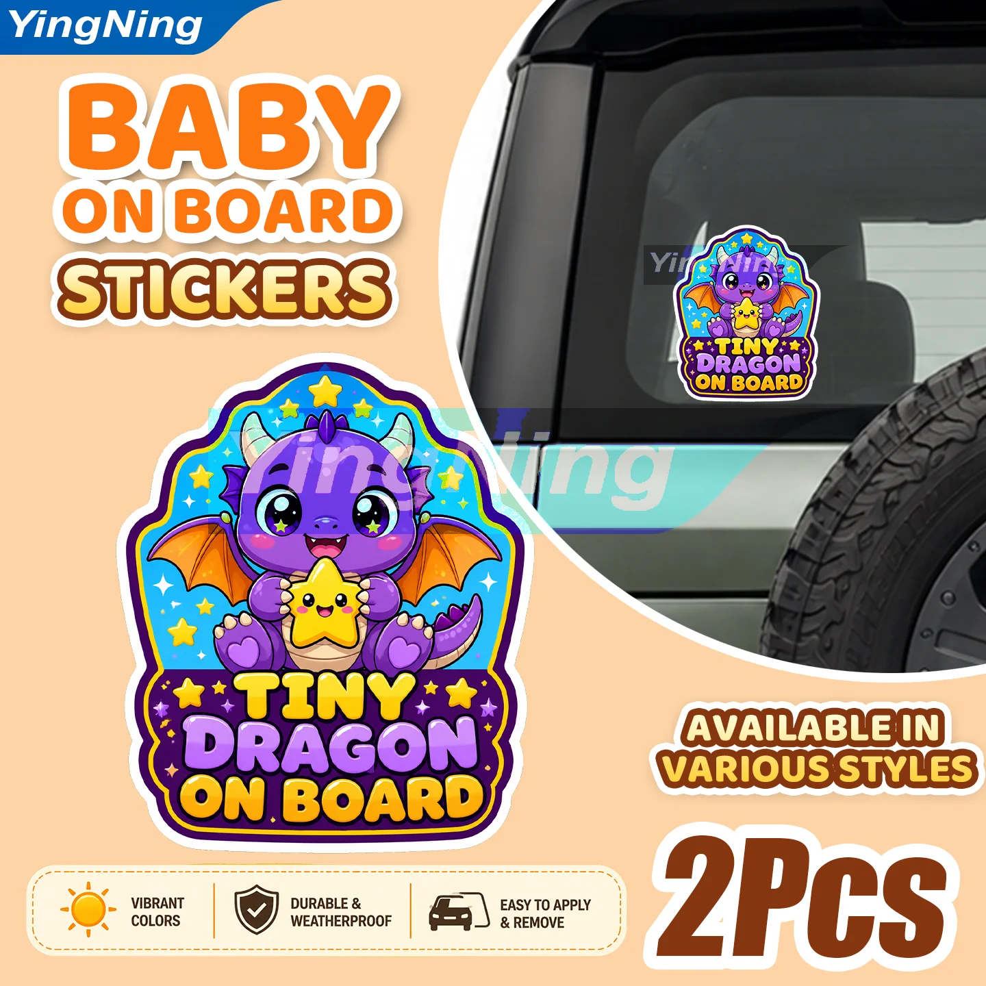 2Pcs Cute Baby Dragon on Board Car Sticker Tiny Dragon Weatherproof Vinyl Car Decal Rear Window Bumper Sticker Window Decoration