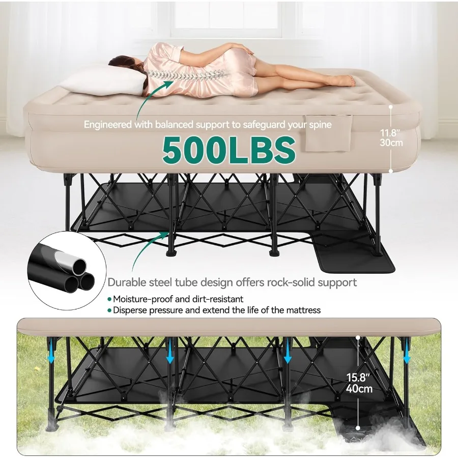 مرتبة هوائية بحجم كوين مع إطار متكامل وحقيبة دوارة محمولة تتميز بمضخة أوتوماتيكية مدمجة لسهولة الإعداد والسكو