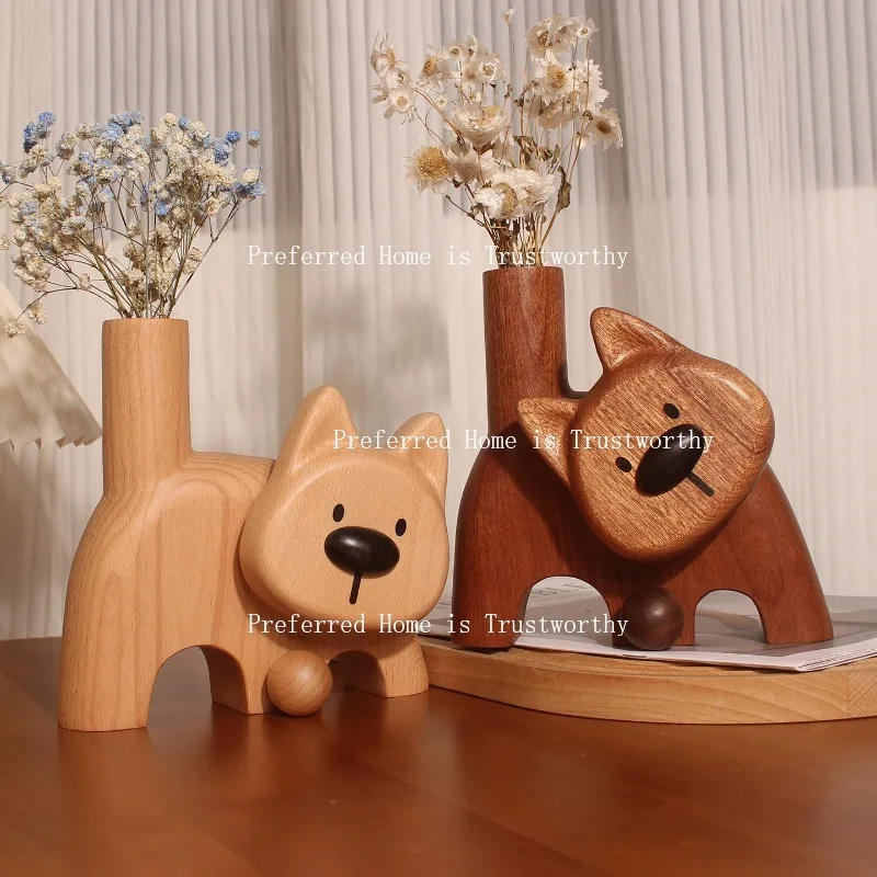 Creative Dog Solid Wood Flower Vase with Fresh Flowers, Wooden Dog Ornament
