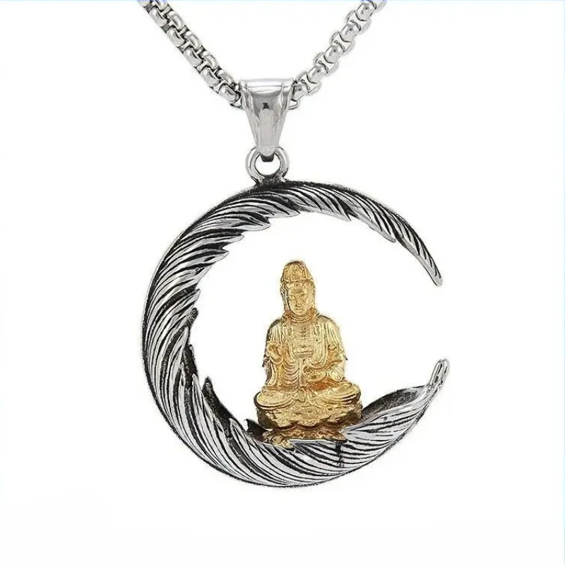 

CHUANGCHENG Religious Men's Gold Plated Stainless Steel Necklace Tibet Buddhist Bodhisattva Pendant Chain Accessories