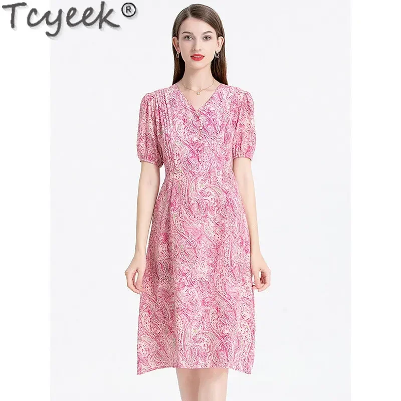 Tcyeek Fashion Midi Dresses High-end 100% Mulberry Real Silk Clothing Famale 2023 Summer Womens Dresses V-neck Print Dress Femme