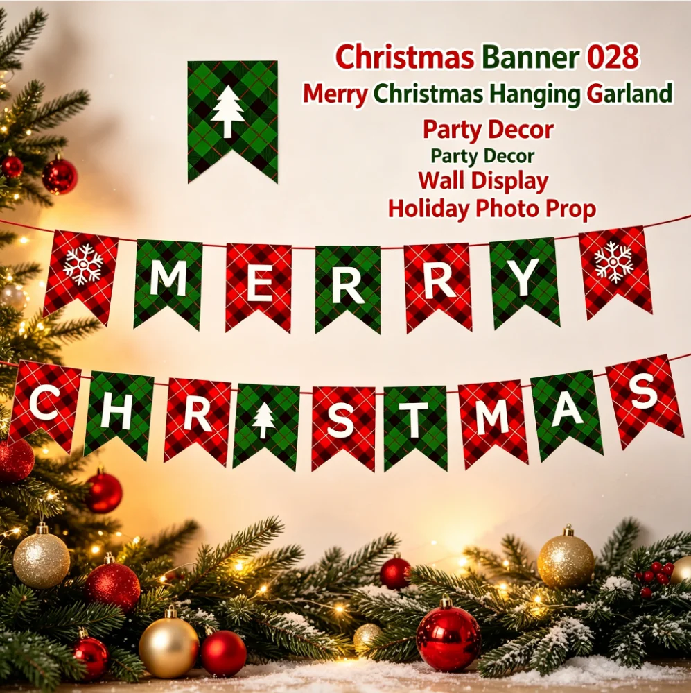 Merry Christmas Buffalo Plaid Banner Xmas Snowflake Tree Check Flag Garland Holiday Home Wall Party Photo Booth Hanging Paper