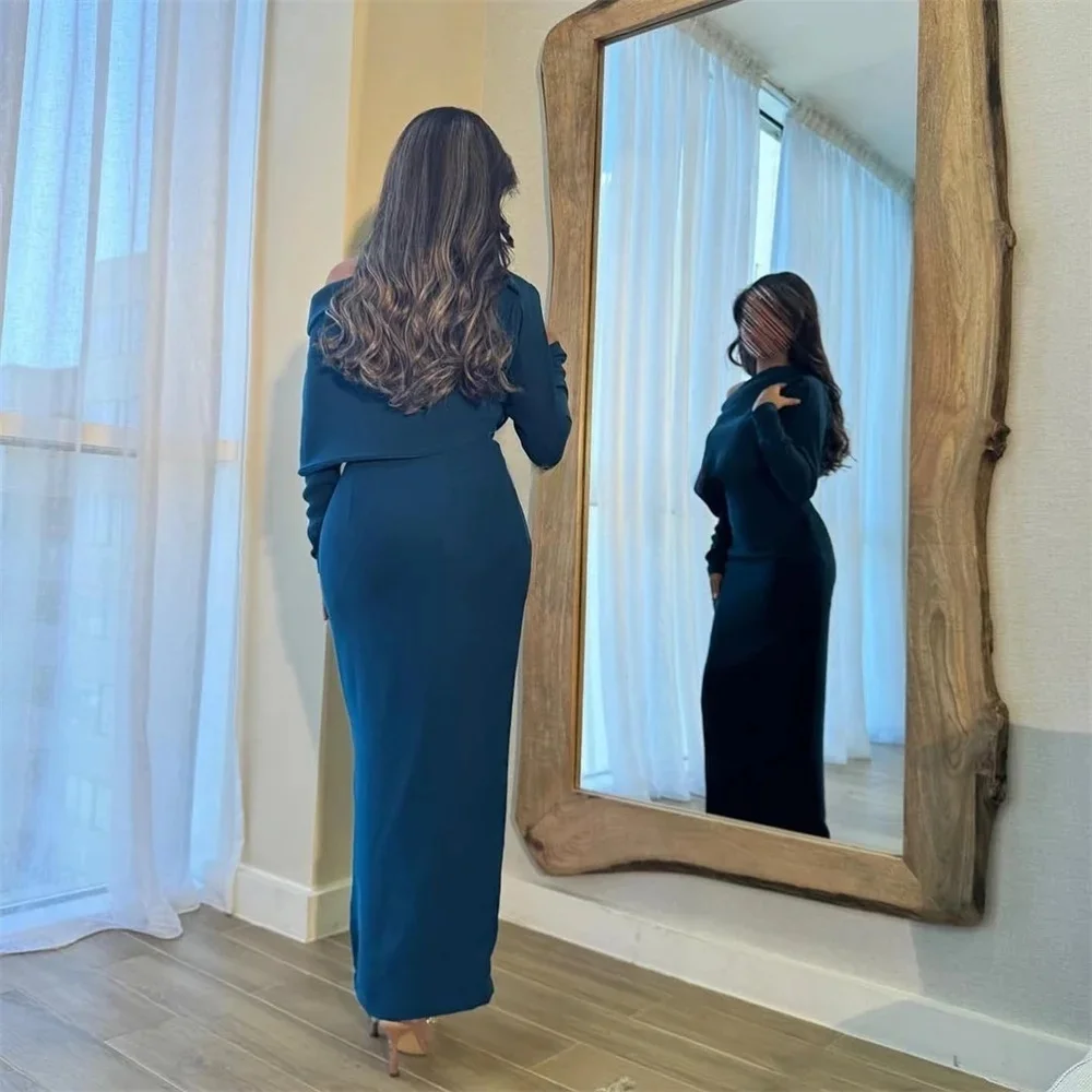 

Blue Slit Long Sleeves Bespoke Occasion Gown Evening Dresses Pastrol Unisex Jersey Retro Dubai Saudi Arabic Prom Customized