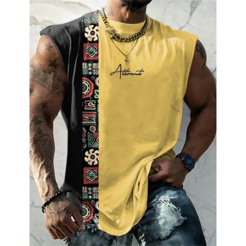 

3D Printed Retro Ethnic Splicing Tank Tops For Men Colorful Pattern Tees Summer Loose Sports Street Round Neck Vest Casual Tops