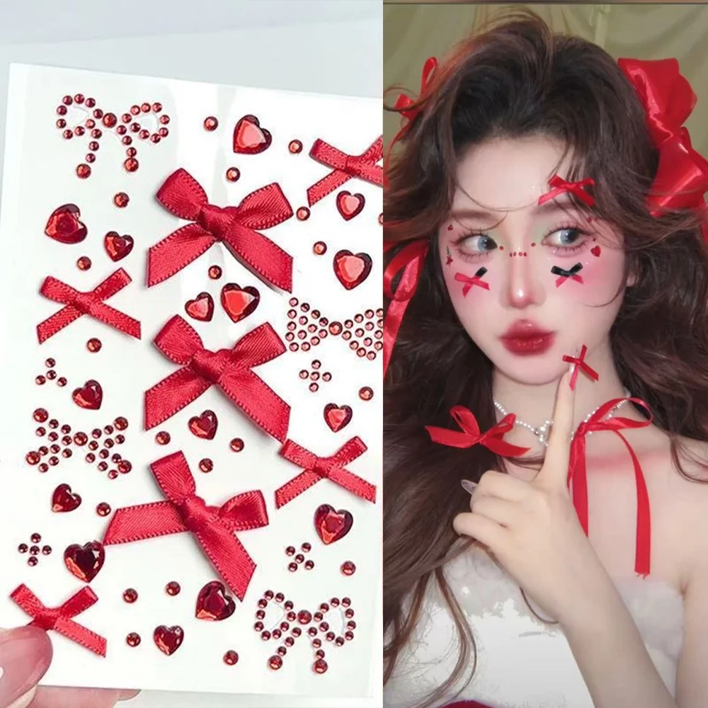 

3D Red Bow Ribbon Rhinestone Face Sticker Kawaii Sweet Eyes Face Makeup Sticker Glitter Gem Temporary Tattoo Party Festival Deco