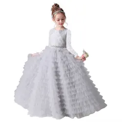 Dideyttawl Grey Long Sleeves Princess Dress For Girls 2024 Lace Tulle Junior Concert Gown For Banquet Formal Party Winter