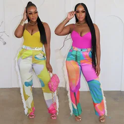BKLD Autumn Fashion Streetwear Women Clothing Color Block Printed Tassel Patchwork Wide Leg Pants Casual High Waist Trousers