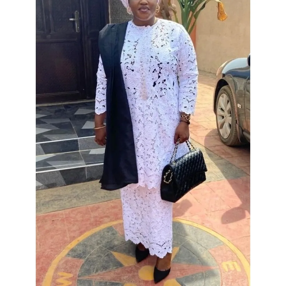 Women White Lace Two Pieces Set Loose Long Tops Shirt with High Waist Skirt Elegant African Clothing Kaftan Church Occasion New