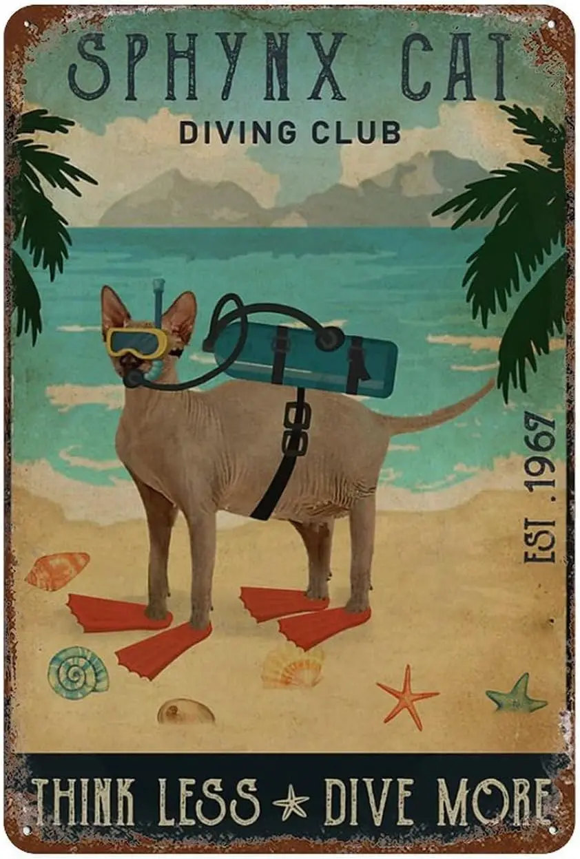 Vintage Metal Tin Sign Vintage Diving Club Sphynx Cat Tin Signs For Home Bedroom Wall Decor Gifts