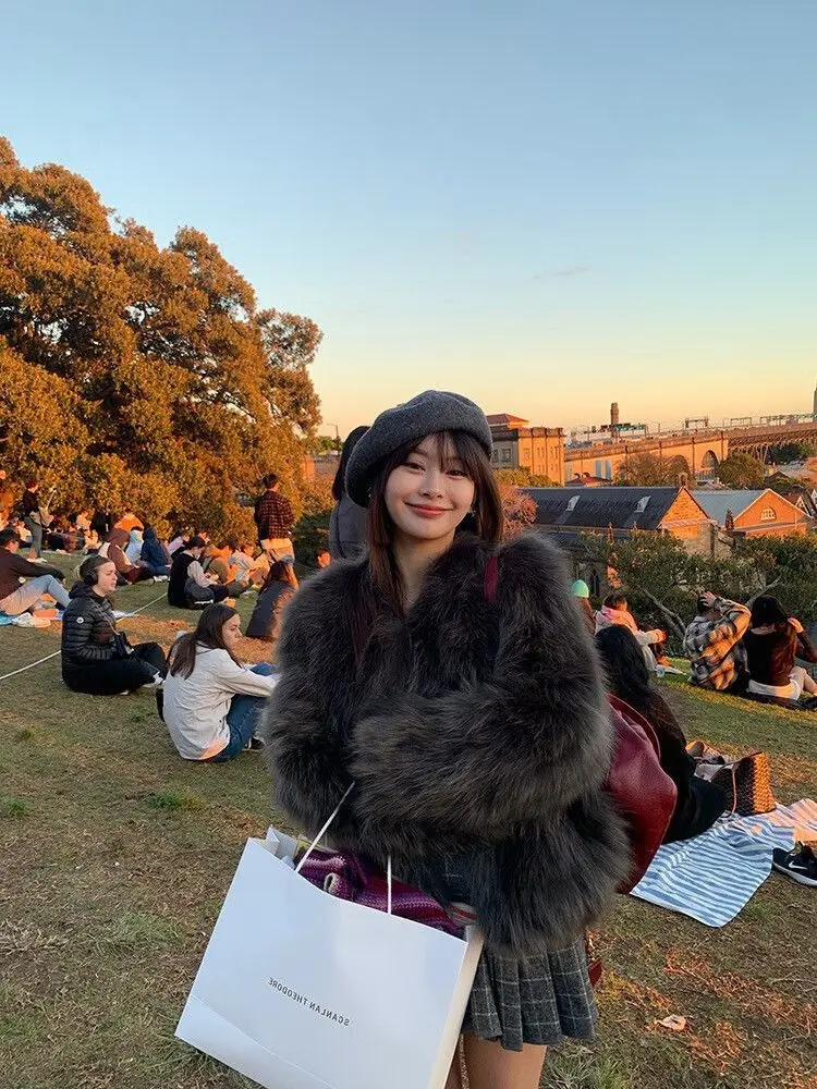 인조 모피 그린 코트 여성용 오버코트 스탠드업 스노우 걸 스트리트웨어 접이식 양면 스냅 여성용 사이드 스트리트 체크무늬 에모 트렌드