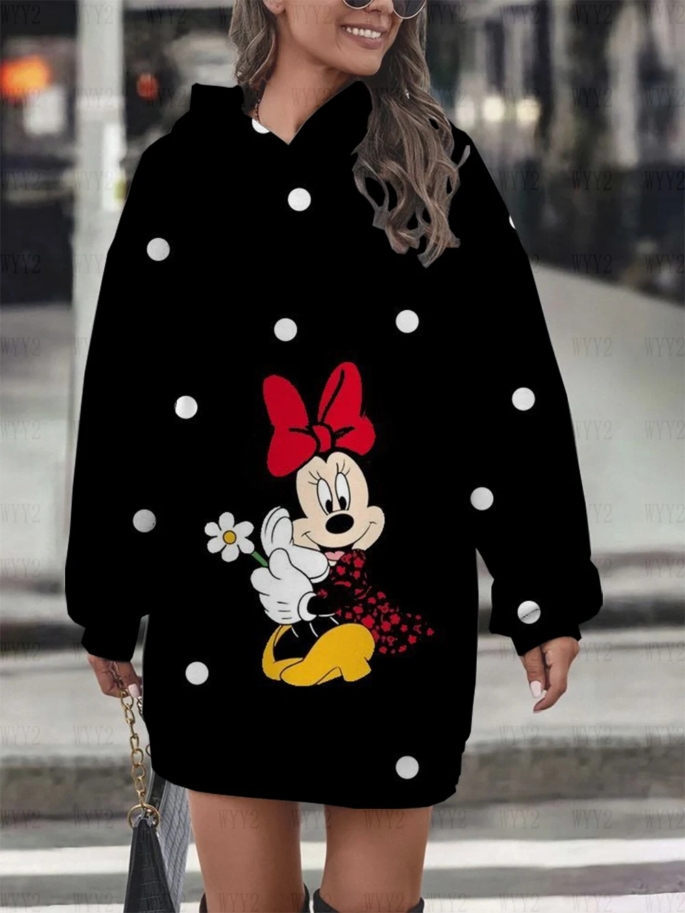 Women\'s Clothing Disney Christmas Collection Mickey Print Long Sleeve Pullover Sweatshirt Dress Casual Fashion Ladies Street Top