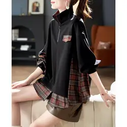 Women Korean Fashion Plaid Patchwork Sweatshirt Casual Streetwear Oversized Hoodie Half Zipper Polo Collar Chic Long Sleeve Tops