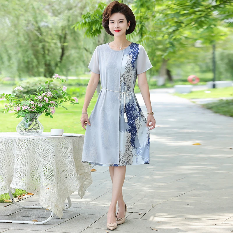 

NEW Elegant Chiffon Short Sleeve Dress Middle Aged Women'S Summer Mothers Slim fit Patchwork Tether Dresses