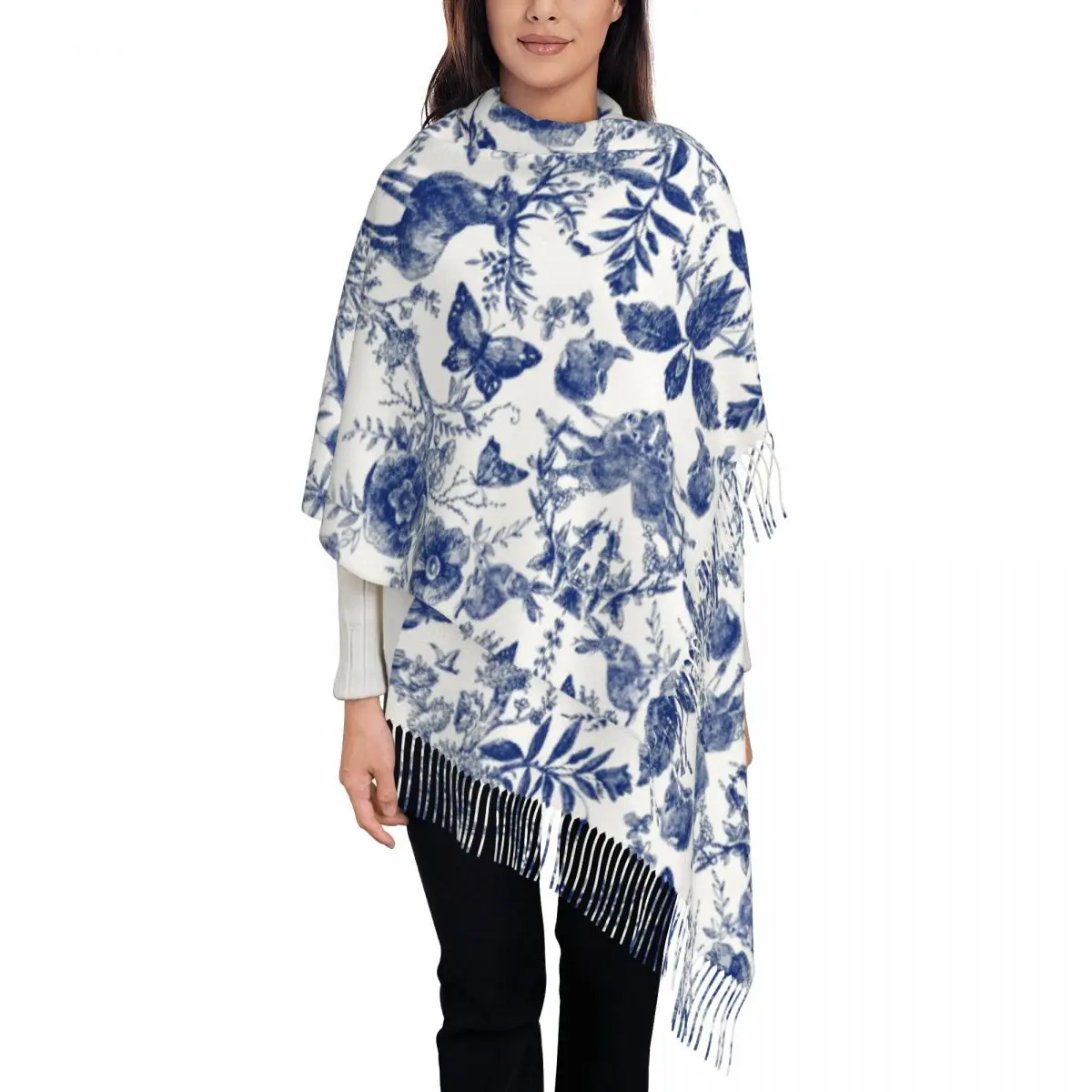 

Женские длинные шарфы с цветочным принтом и животным лесом, зимние толстые теплые шаль с кисточками, шарф с французским узором Toile De Jouy Indigo