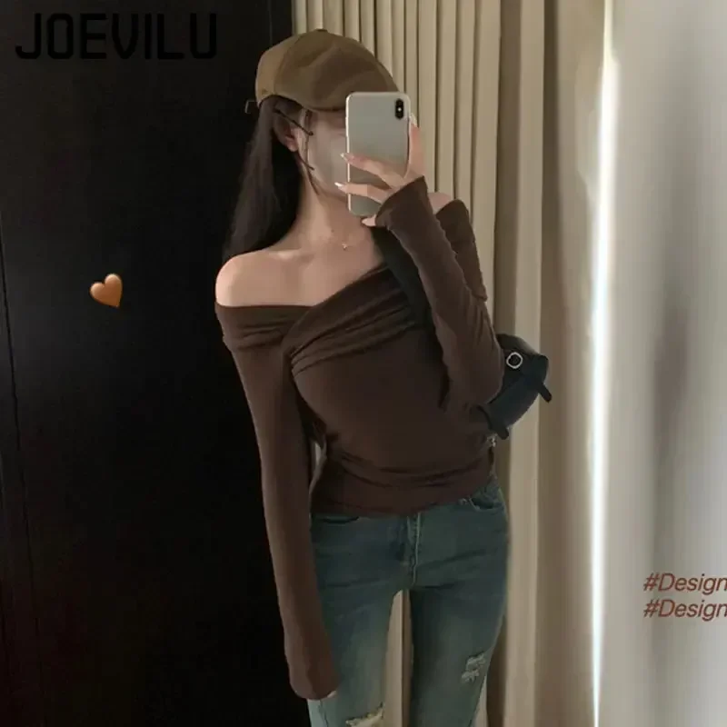 JOEVILU Off Shoulder Long Sleeved T-shirt Women\'s Irregular Slim Fitting Crop Tops Korean Sexy Bottoming Shirt Aesthetic Clothes