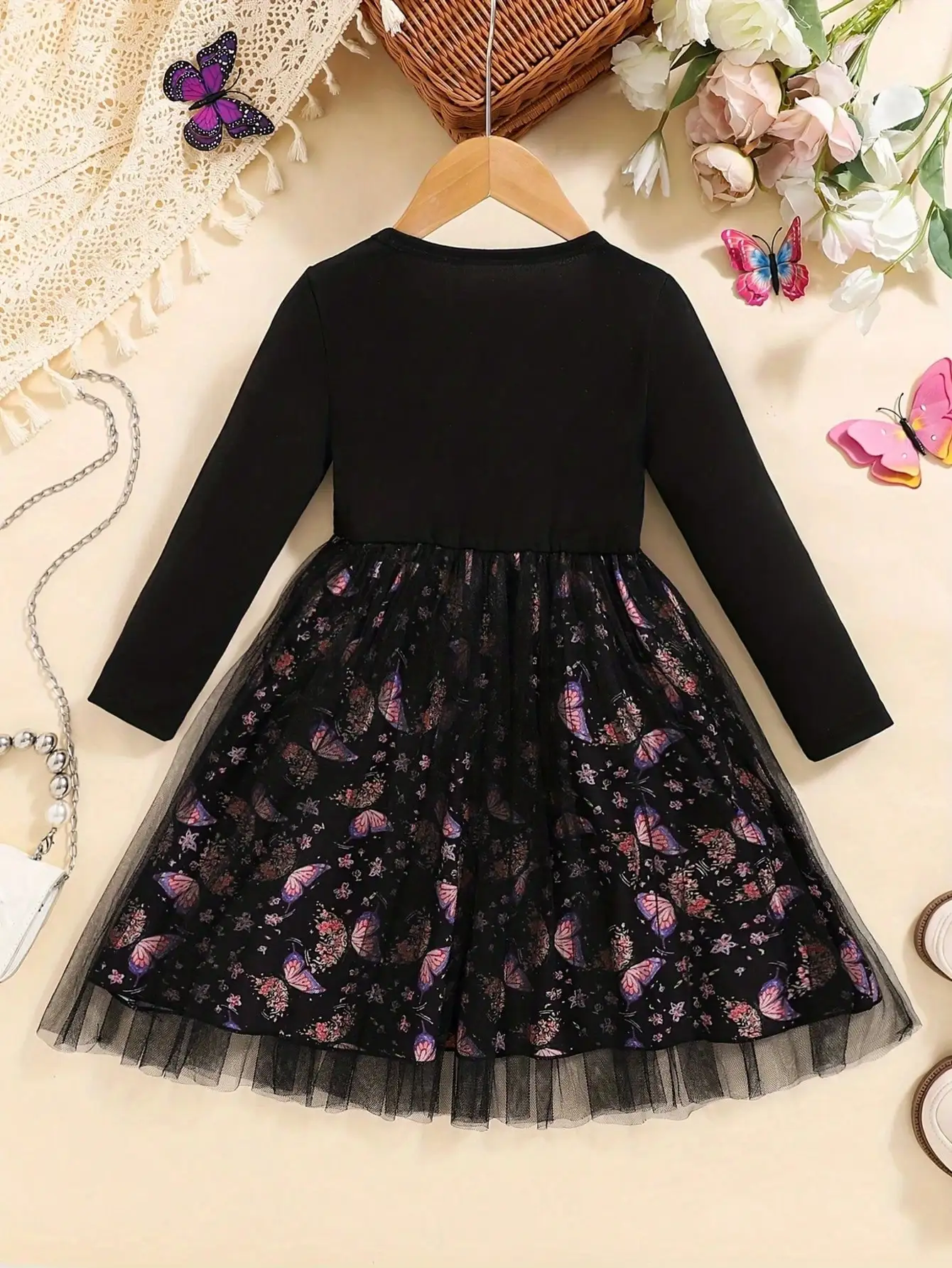 2026 Frühling/Sommer Herbst Eleganter Rundhals-Langarm-Mesh-Kleid mit Schmetterlingsdruck und Trompetenrock, Geeignet für Tägliche Reisen – Detail 3