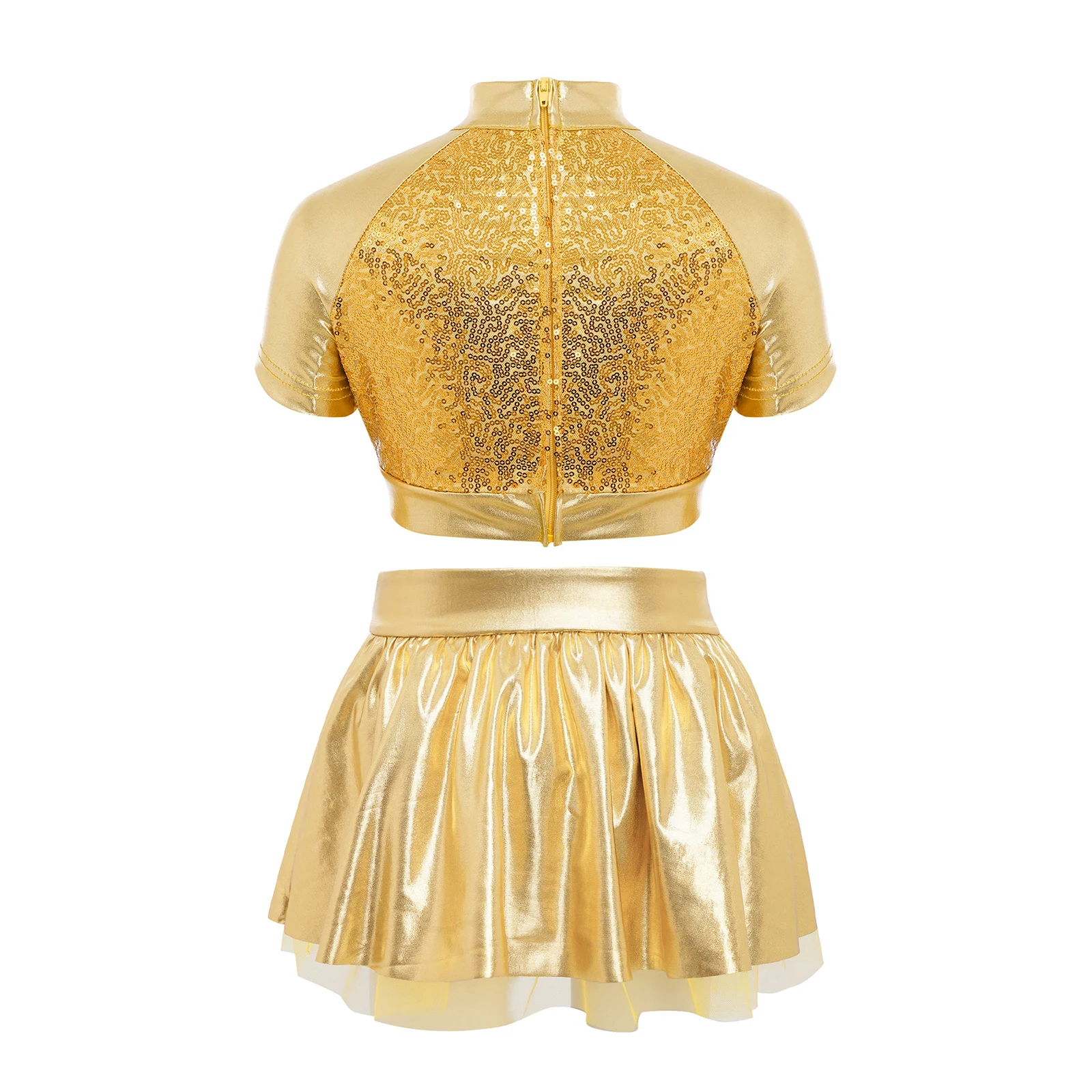 Kid Girls Jazz Tango Tap Dance Performance Outfit Modern Street Dancewear Short Sleeve Sequins Zipper Crop Top with Tutu Skirted