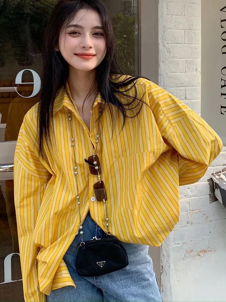 

Streetwear Loose Striped Shirt Women Vintage Long Sleeve Spring American Blouse Oversize Retro Lazy Wind Female Y2k Tops New