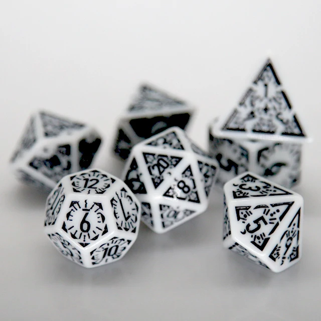 7Pcs White Black Pattern Acrylic Complete Polyhedral Dice Kit For Tabletop Role Playing Game